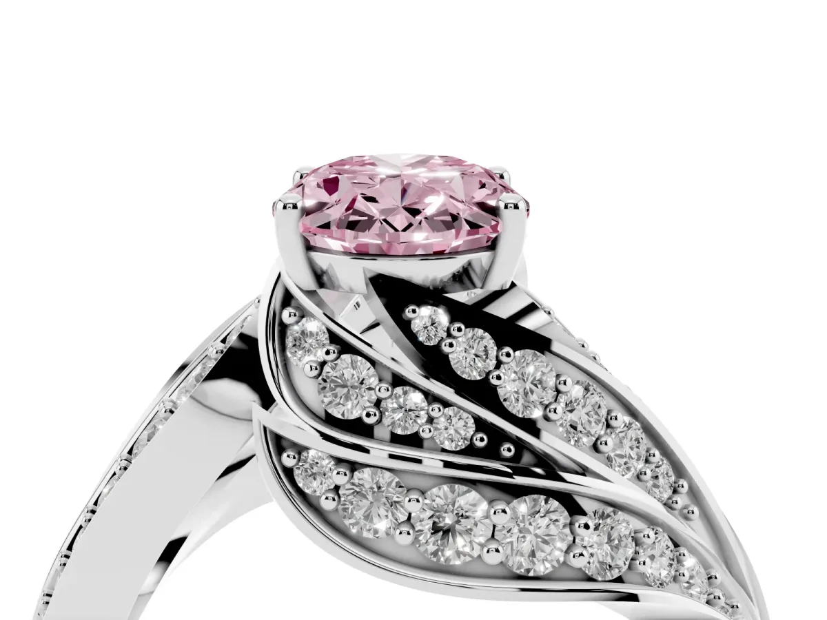 Fancy Pink Oval Cut Diamond Solitaire Ring with Prong Setting and Twisted Pavé Band Silver