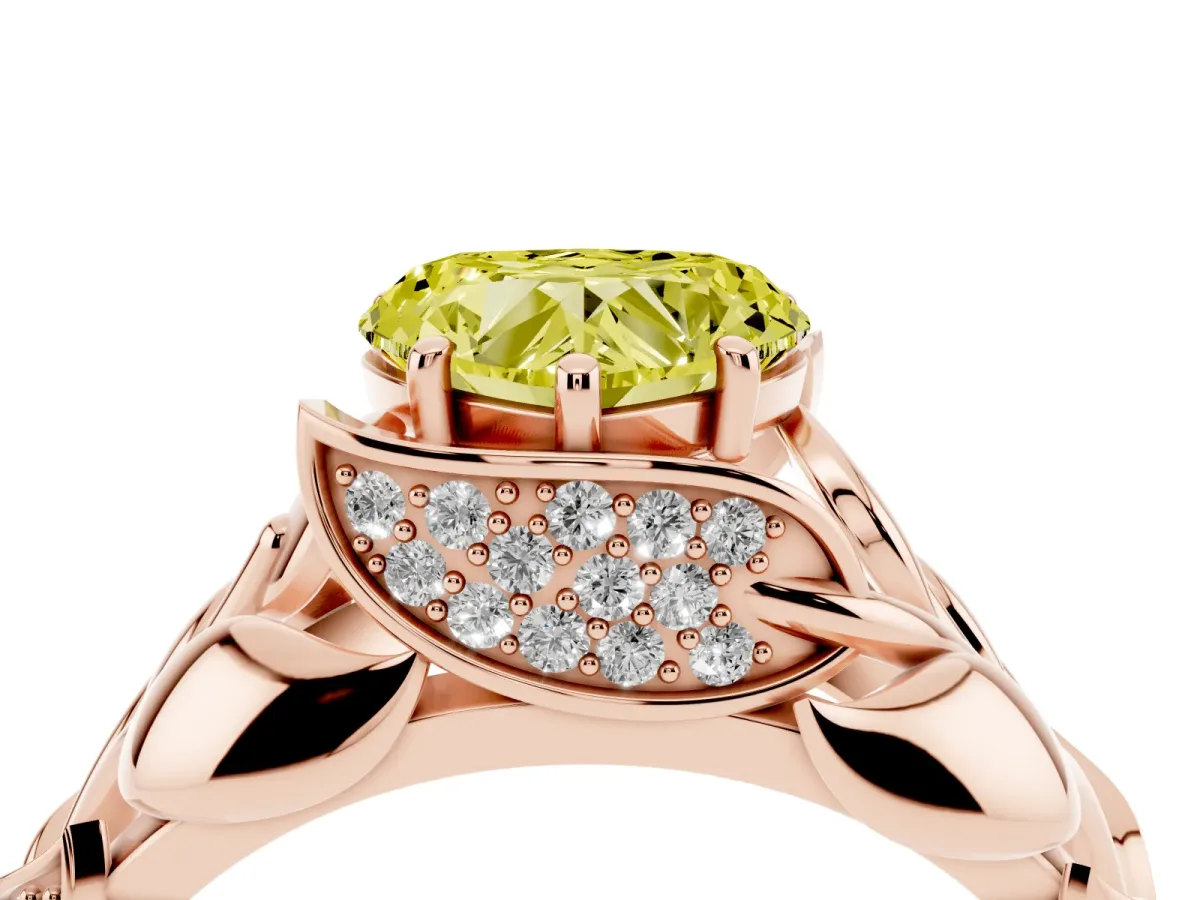 Fancy Yellow Heart Cut Diamond Leaf-Inspired Engagement Ring with Round Accents and Prong Setting Rose gold