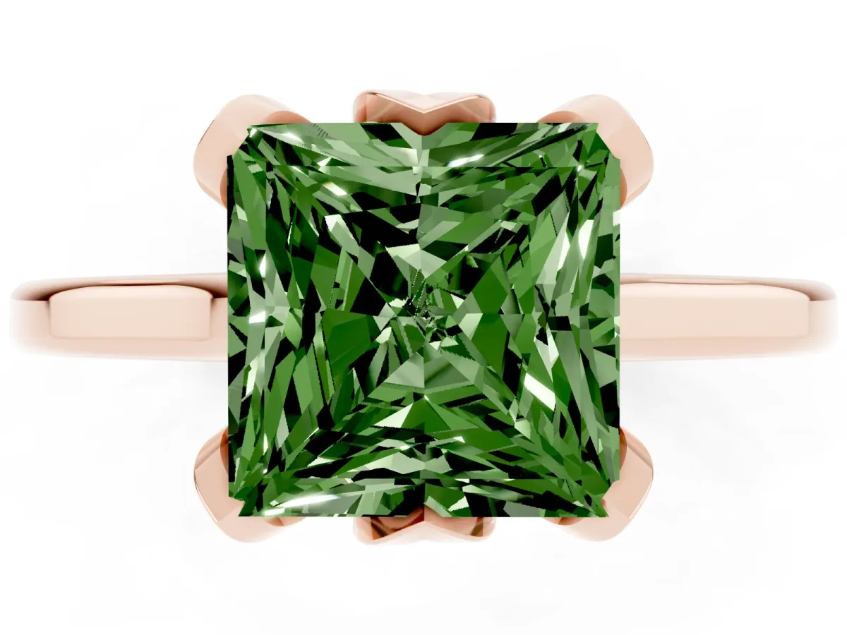 Fancy Green Princess Cut Diamond Solitaire Ring with Flower Prong Setting and Classic Band Rose gold