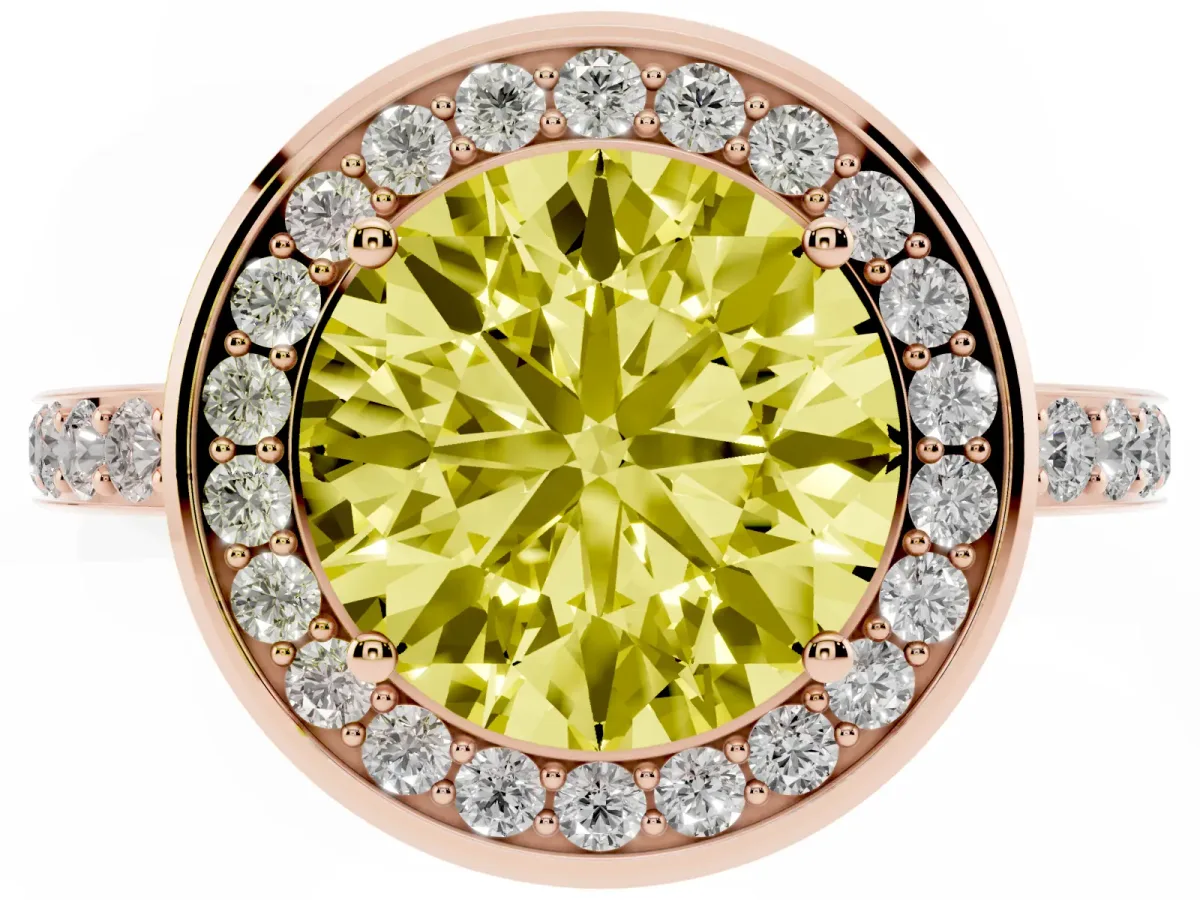 Fancy Yellow Round Cut Diamond Halo Ring with Bezel Frame and Pavé Band Rose gold