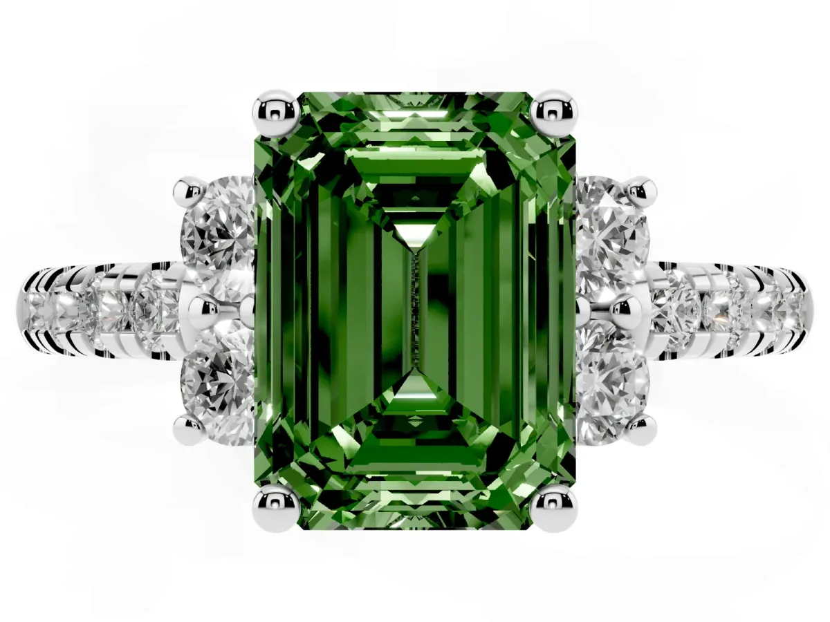 Fancy Green Emerald Cut Diamond Three-Stone Pave Band with Four-Prong Setting Silver
