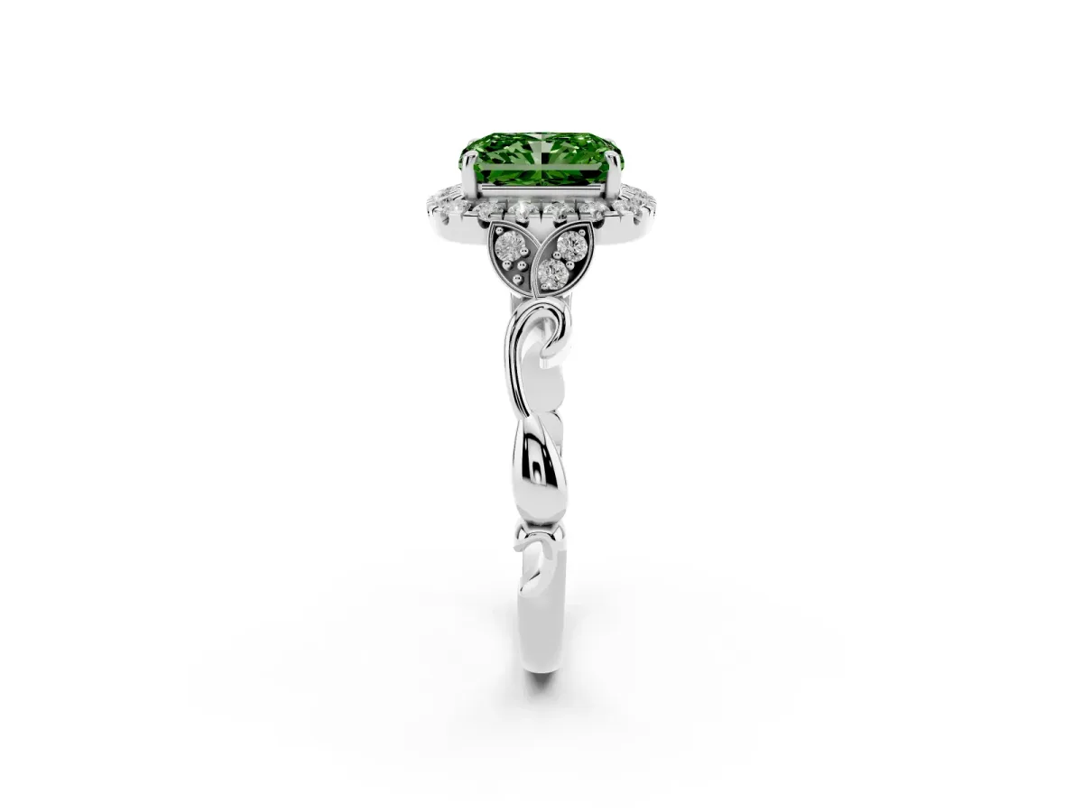 Fancy Green Radiant Cut Halo Diamond Engagement Ring with Vintage-Inspired Band and Four-Prong Setting White gold