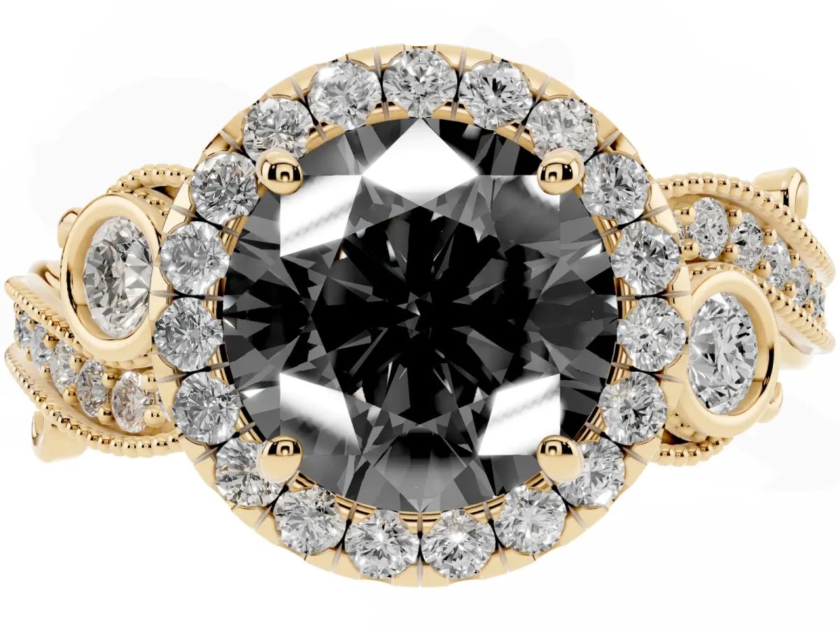 Fancy Black Round Cut Halo Diamond Ring with Milgrain and Bezel Accents on a Split Shank Band Yellow gold