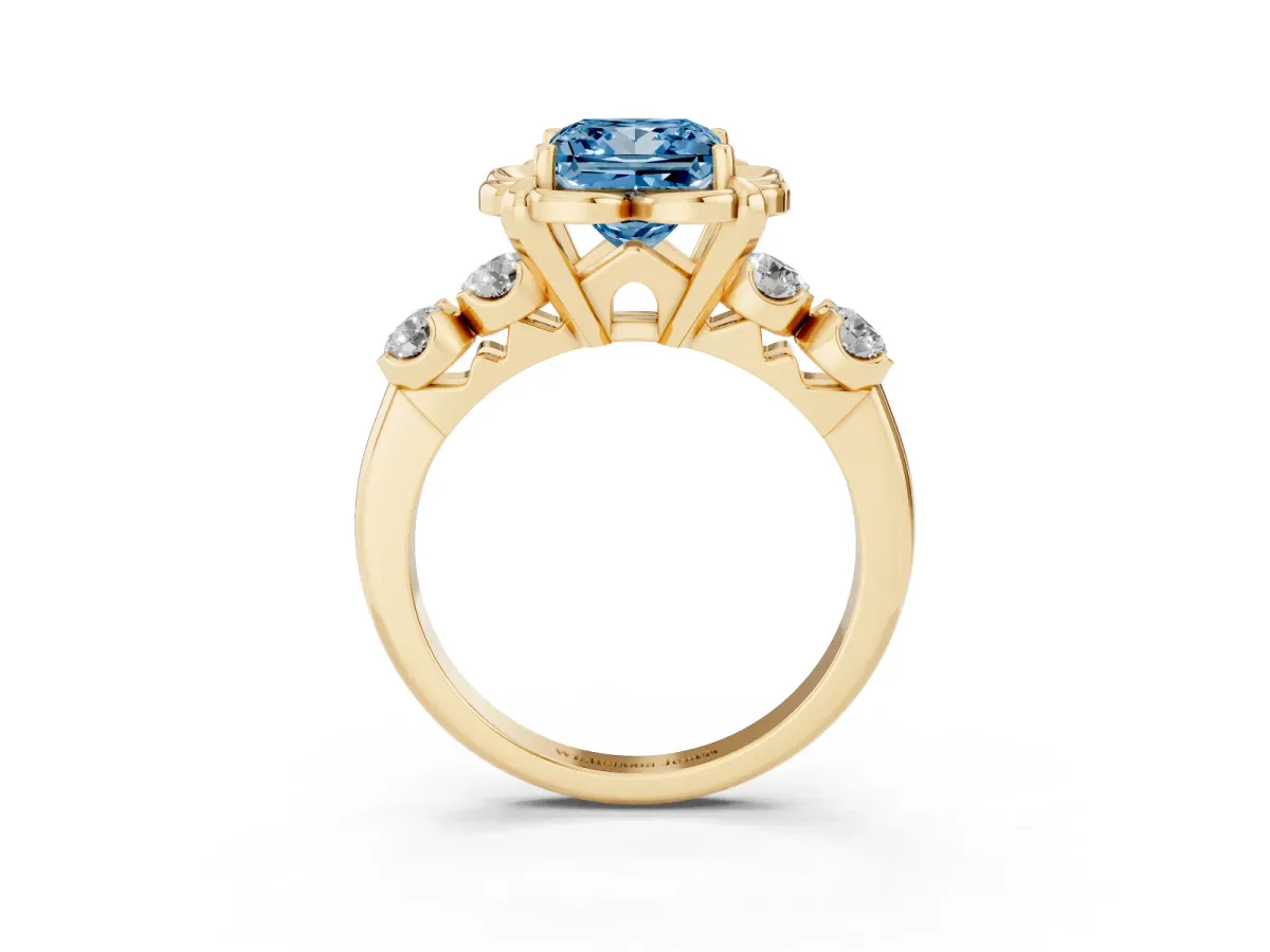 Fancy Blue Princess Cut Cut Diamond Floral Halo Engagement Ring with Shared Prong Setting Yellow gold