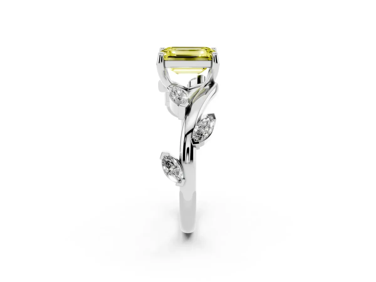 Fancy Yellow Emerald Cut Solitaire Twisted Band Marquise Accent Prong Setting Ring White gold