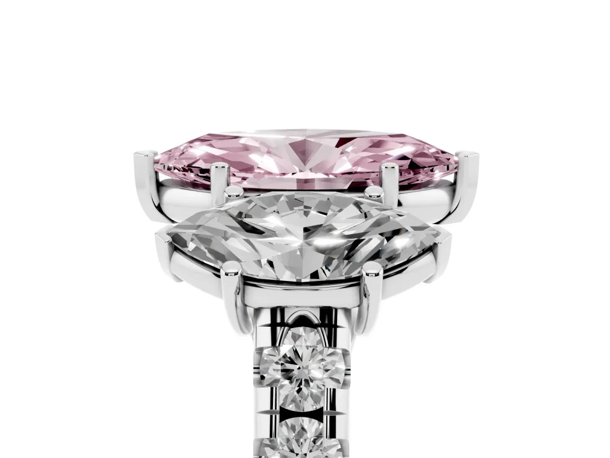 Fancy Pink Three-Stone Marquise Cut Diamond Pavé Band with Prong Setting Platinum