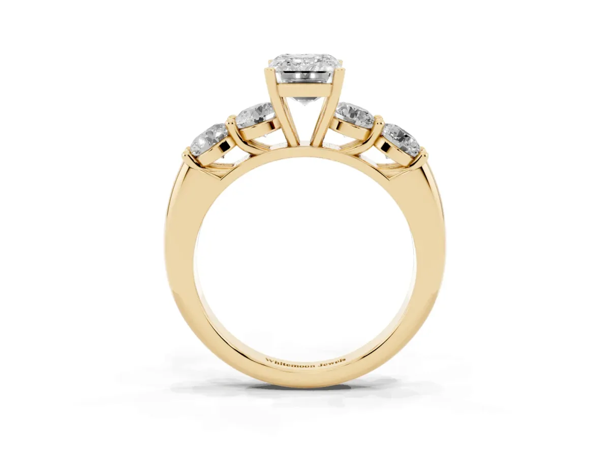 Emerald Cut Cut Five-Stone Prong Set Diamond Ring with Classic Band Yellow gold