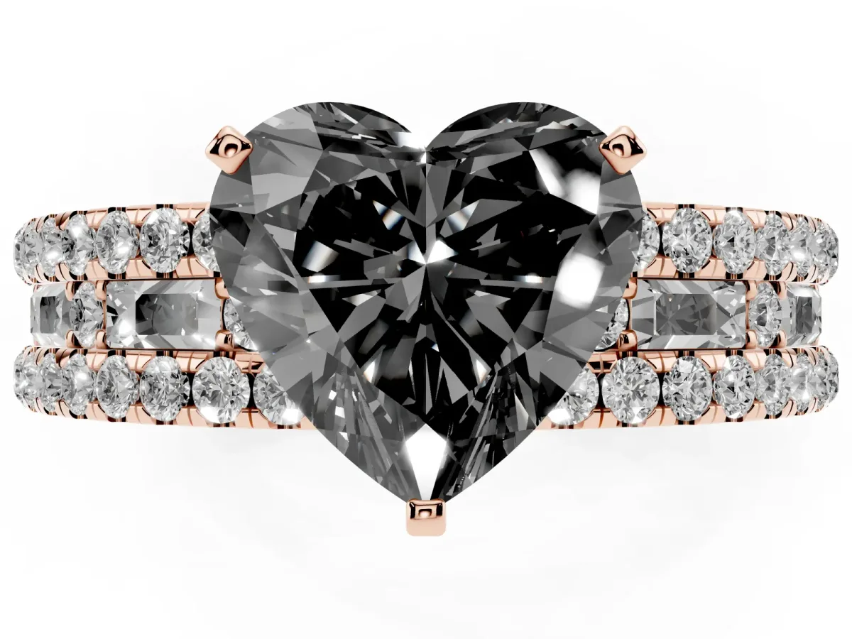 Fancy Black Heart Cut Diamond Solitaire Ring with Pavé and Channel Set Band Rose gold