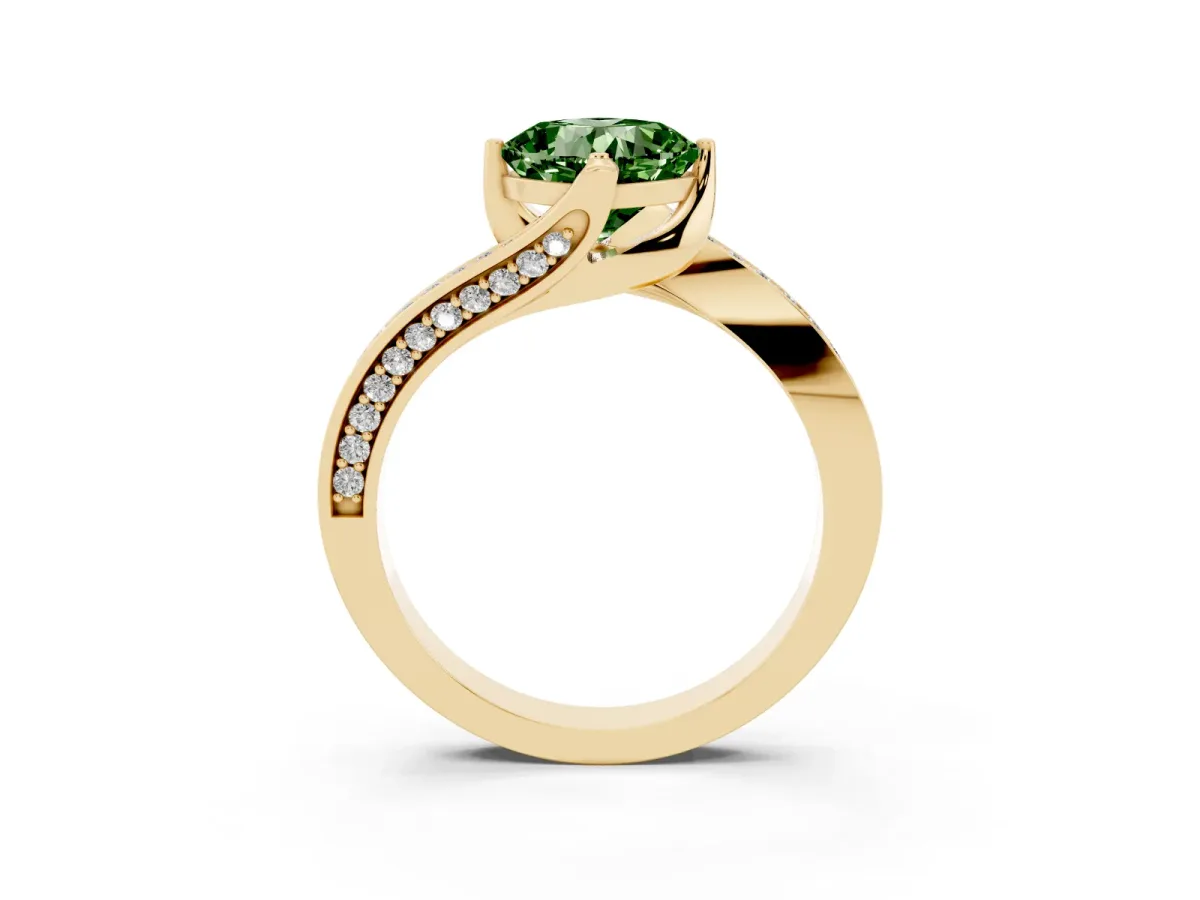 Fancy Green Cushion Cut Solitaire Diamond Twist Band with Pavé Setting and Four-Prong Setting Yellow gold