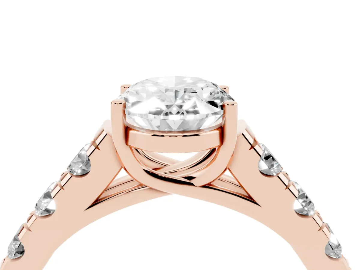Oval Cut Cut Diamond Solitaire Ring with Micro Pave Band and Prong Setting Rose gold