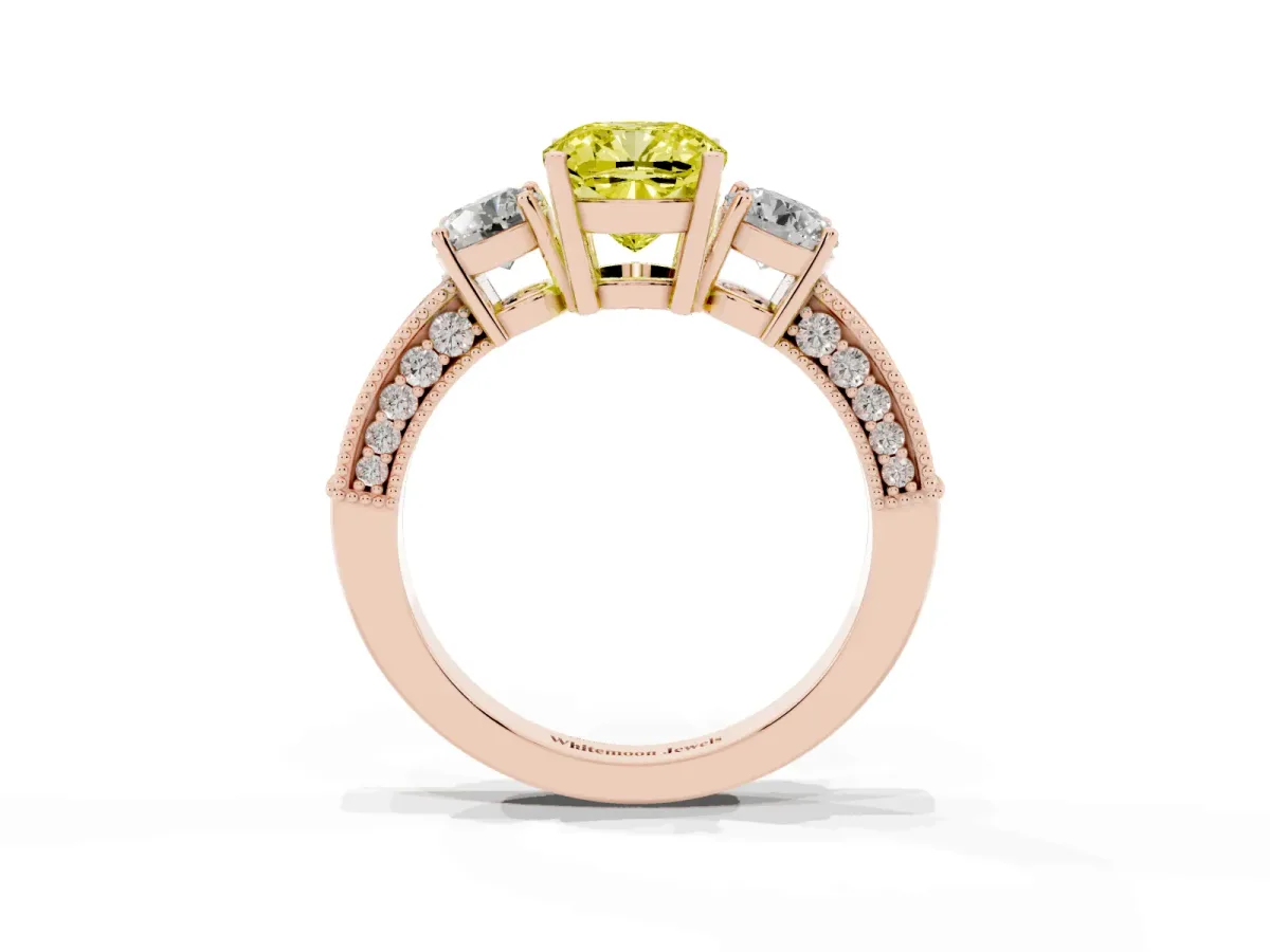 Fancy Yellow Cushion Cut Three-Stone Diamond Ring with Pavé Band and Four-Prong Setting Rose gold