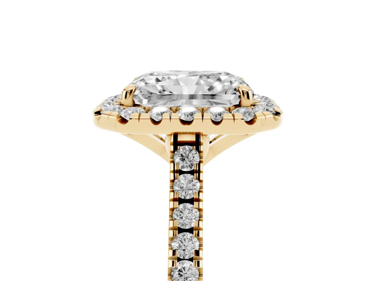 Radiant Cut Diamond Cushion Halo Ring with Pavé Band Yellow gold