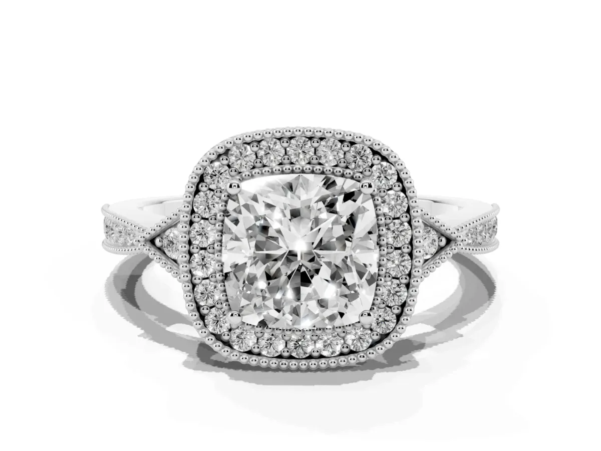 Cushion Cut Halo Round Diamond Milgrain Pave Engagement Ring Silver
