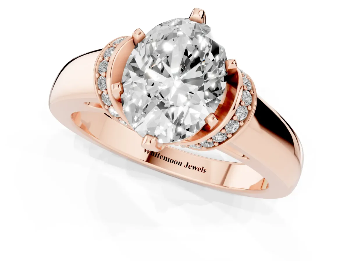 Oval Cut Solitaire Diamond Ring with Pave Band and Six-Prong Setting Rose gold