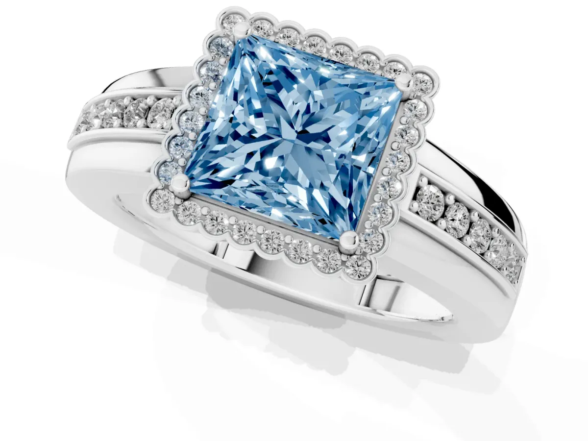 Fancy Blue Princess Cut Cut Halo Pave Band Four-Prong Ring White gold