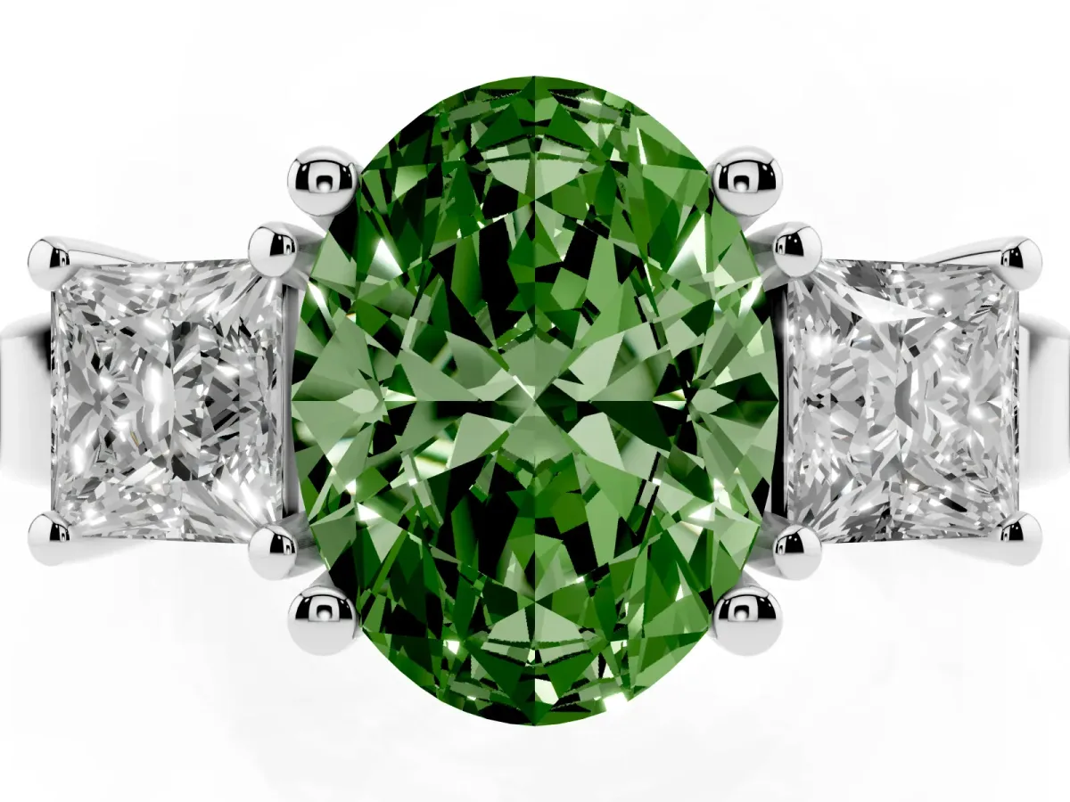 Fancy Green Three-Stone Oval Cut Cut Solitaire Ring with Prong Setting Platinum
