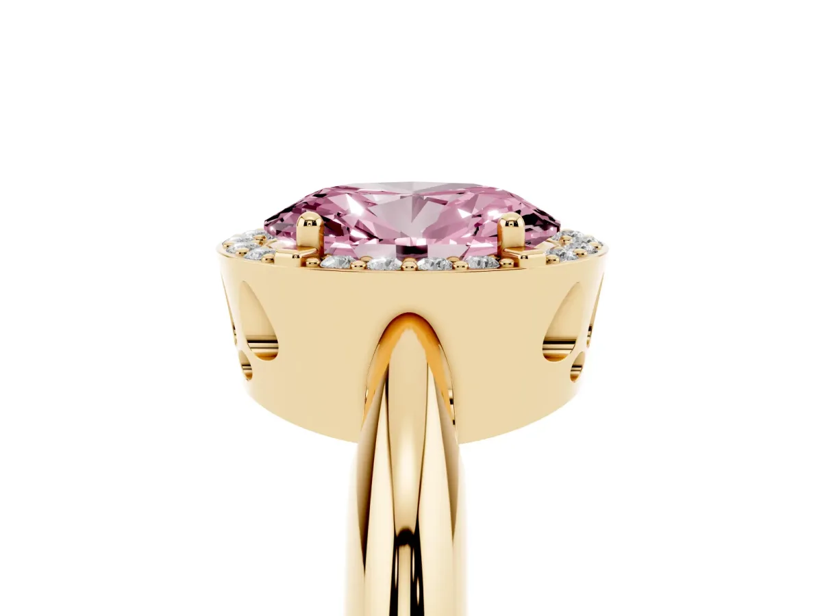 Fancy Pink Oval Cut Cut Diamond Halo Engagement Ring with Split Shank and Four-Prong Setting Yellow gold