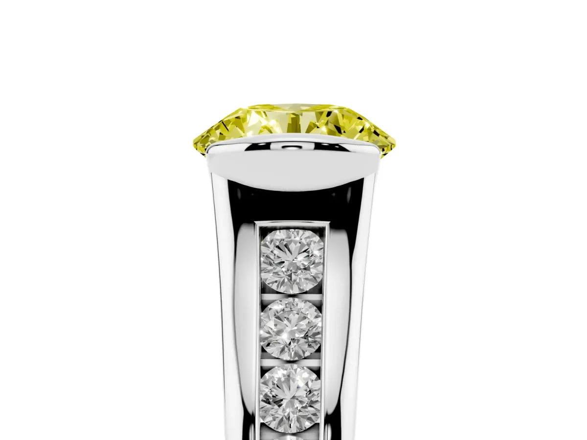 Fancy Yellow Round Cut Solitaire Bezel-Set Diamond Ring with Channel-Set Band Silver
