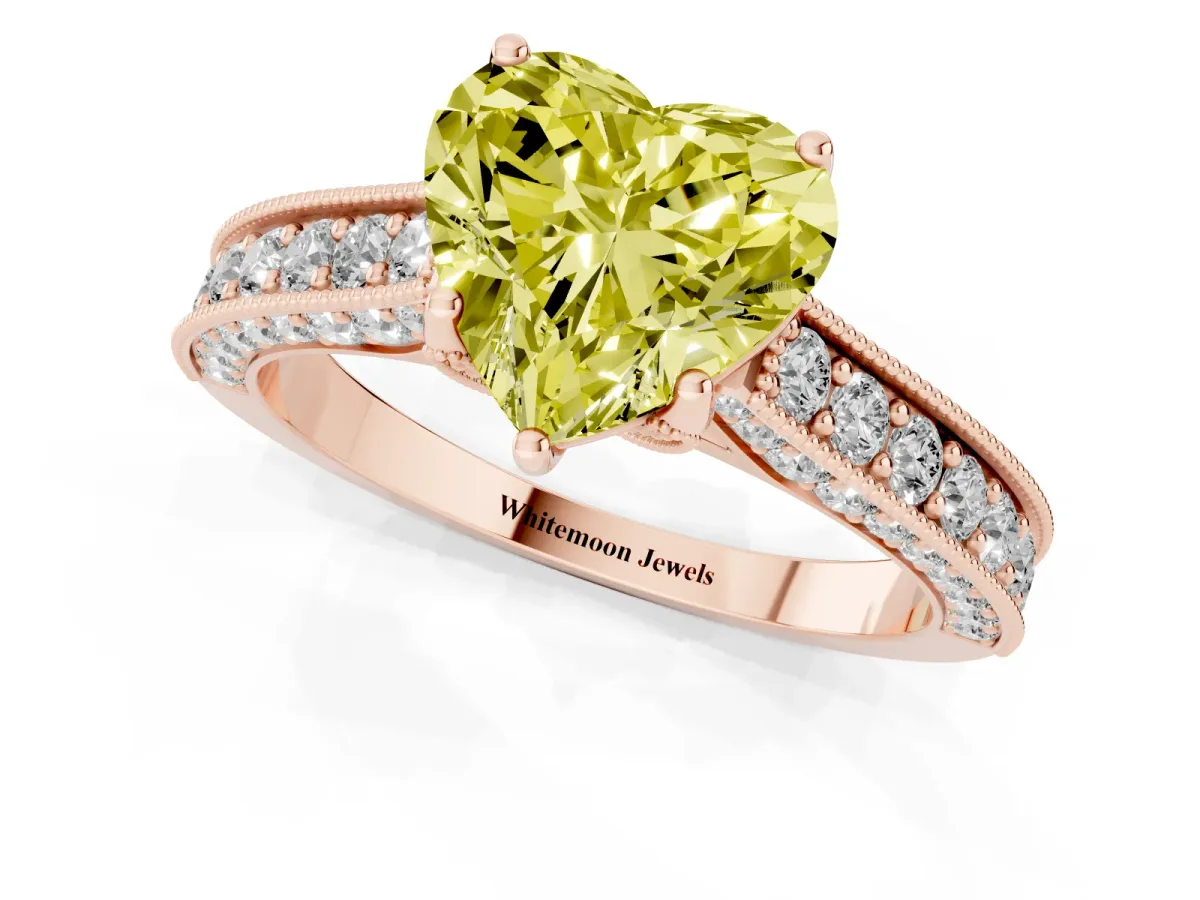 Fancy Yellow Heart Cut Cut Diamond Solitaire Ring with Milgrain Pave Band and Four Prong Setting Rose gold