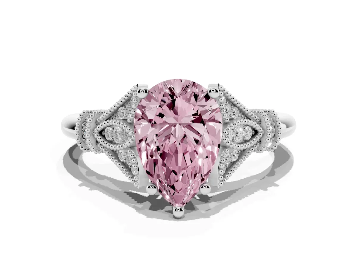Fancy Pink Pear Cut Diamond Solitaire Ring with Floral Filigree and Pave Accents White gold