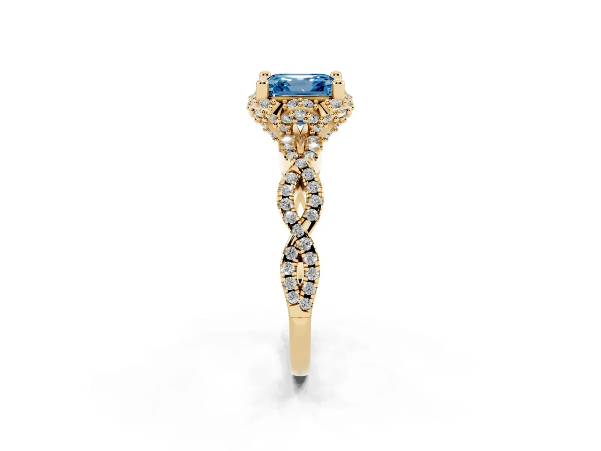 Fancy Blue Asscher Cut Halo Twist Band Solitaire Ring with Six-Prong Setting Yellow gold