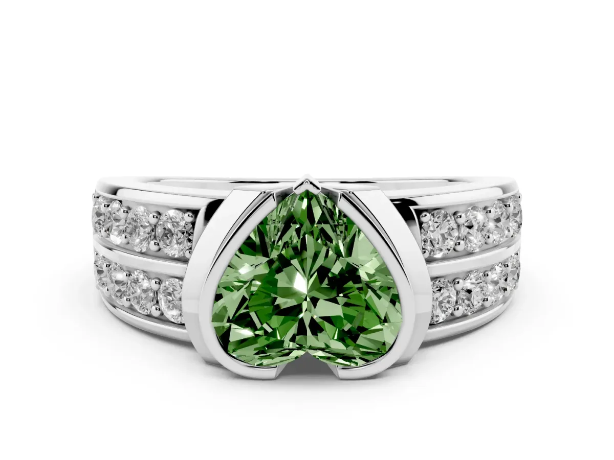 Fancy Green Heart Cut Brilliant Diamond Channel Set Wide Band Ring with Bezel Setting Platinum