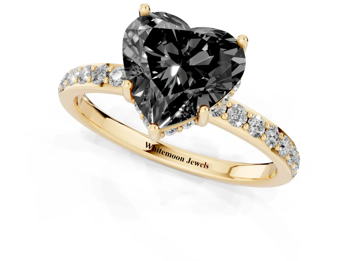 Fancy Black Heart Cut Diamond Solitaire Ring with Pavé Band and Hidden Halo Yellow gold