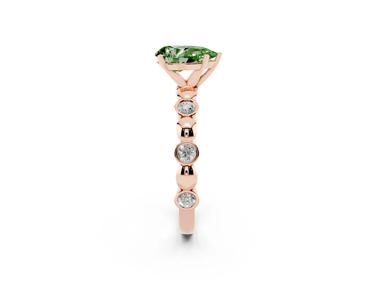 Fancy Green Pear Cut Solitaire Bezel-Set Diamond Ring with Beaded Band and Four-Prong Setting Rose gold