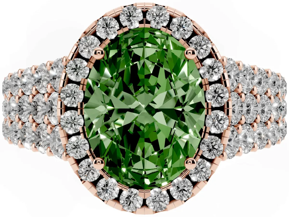 Fancy Green Oval Cut Diamond Halo Engagement Ring with Triple Row Round Pavé Band and Prong Setting Rose gold