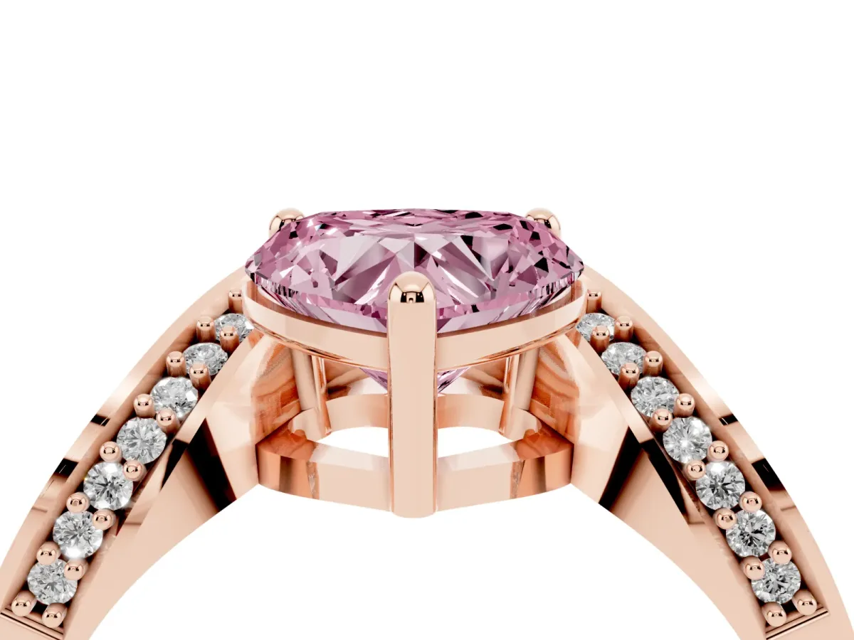 Fancy Pink Heart Cut Solitaire Diamond Engagement Ring with Pave Band and Four-Prong Setting Rose gold