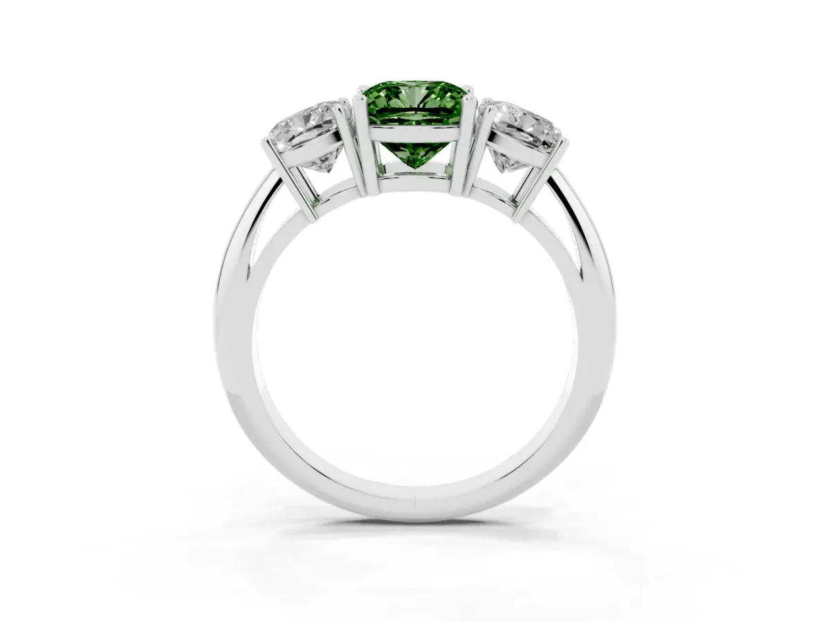 Fancy Green Three-Stone Cushion Cut Cut Diamond Engagement Ring with Prong Setting on a White Gold Band White gold
