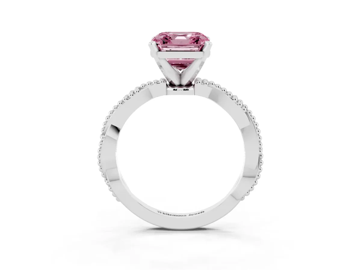 Fancy Pink Asscher Cut Solitaire Twisted Band with Bead Prong Setting Silver