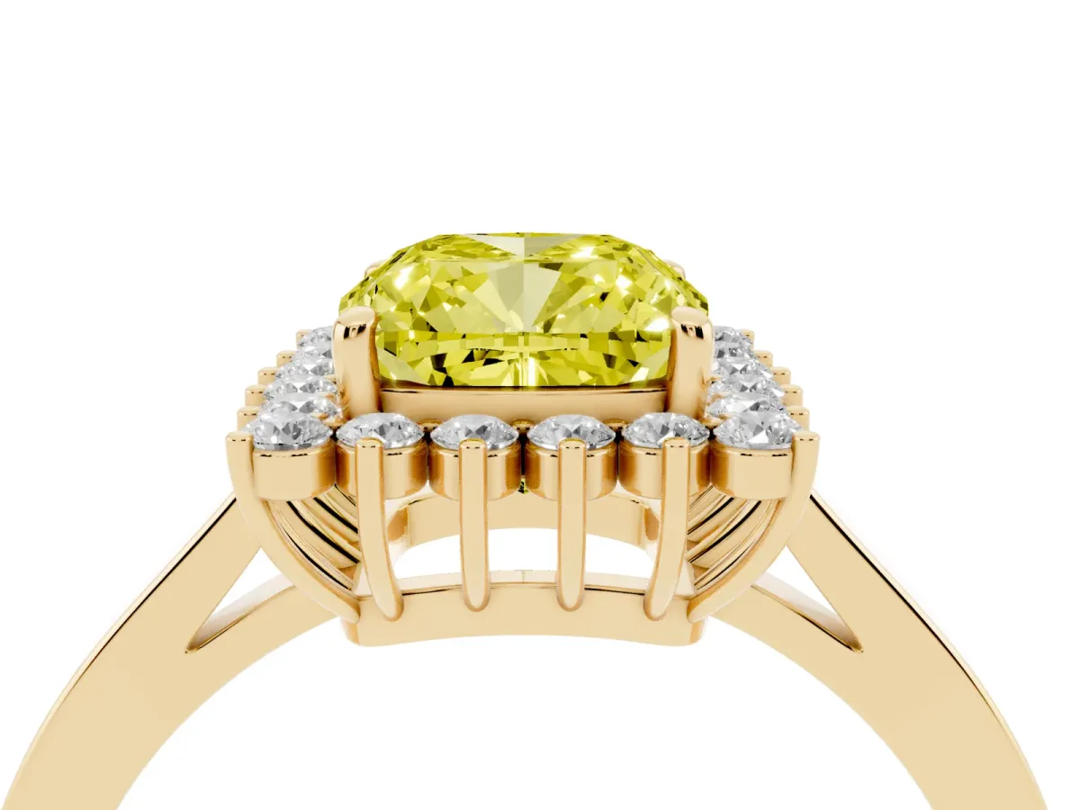 Fancy Yellow Cushion Cut Cut Diamond Halo Ring with Round Brilliant Halo and Solitaire Band Yellow gold