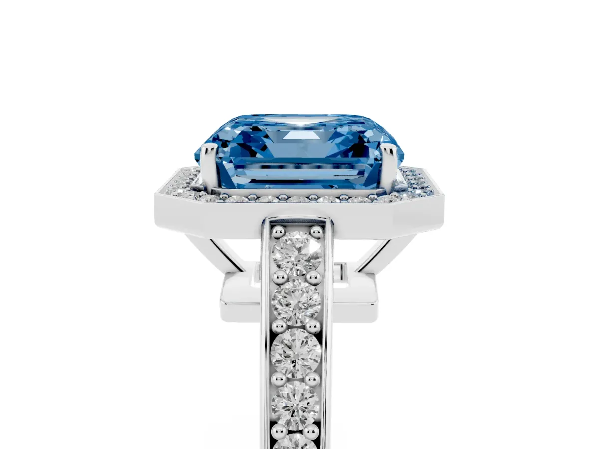 Fancy Blue Asscher Cut Halo Pavé Diamond Engagement Ring with Bezel Setting Platinum
