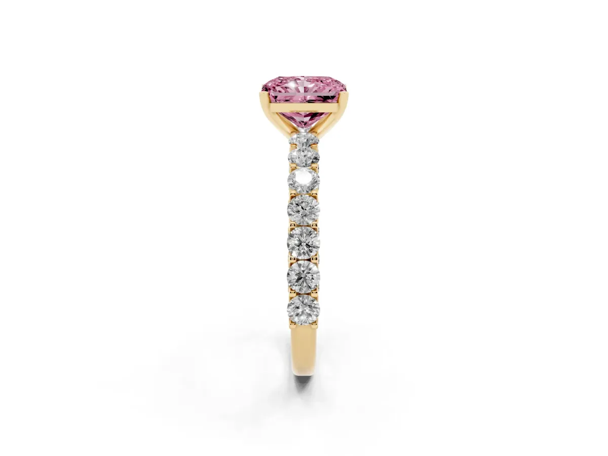 Fancy Pink Radiant Cut Diamond Solitaire Ring with Shared Prong Pavé Band and Four-Prong Setting Yellow gold