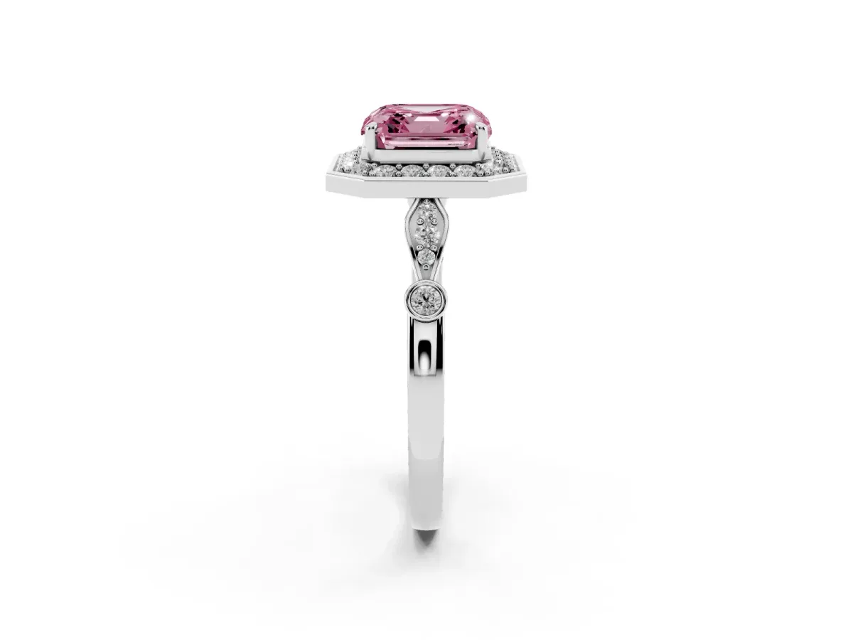 Fancy Pink Asscher Cut Halo Diamond Engagement Ring with Twisted Band and Four-Prong Setting White gold