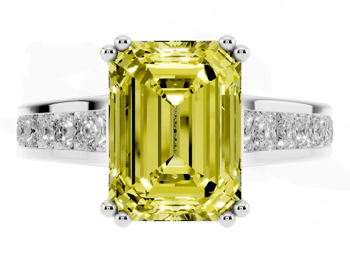 Fancy Yellow Emerald Cut Cut Channel Set Solitaire Engagement Ring with Prong Setting Silver