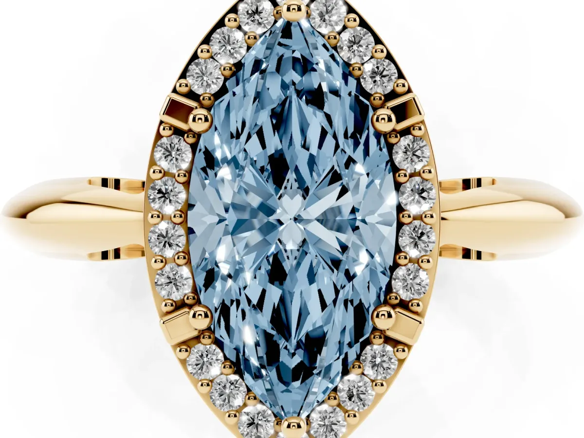 Fancy Blue Marquise Cut Cut Diamond Halo Engagement Ring with Split Shank and Four-Prong Setting Yellow gold