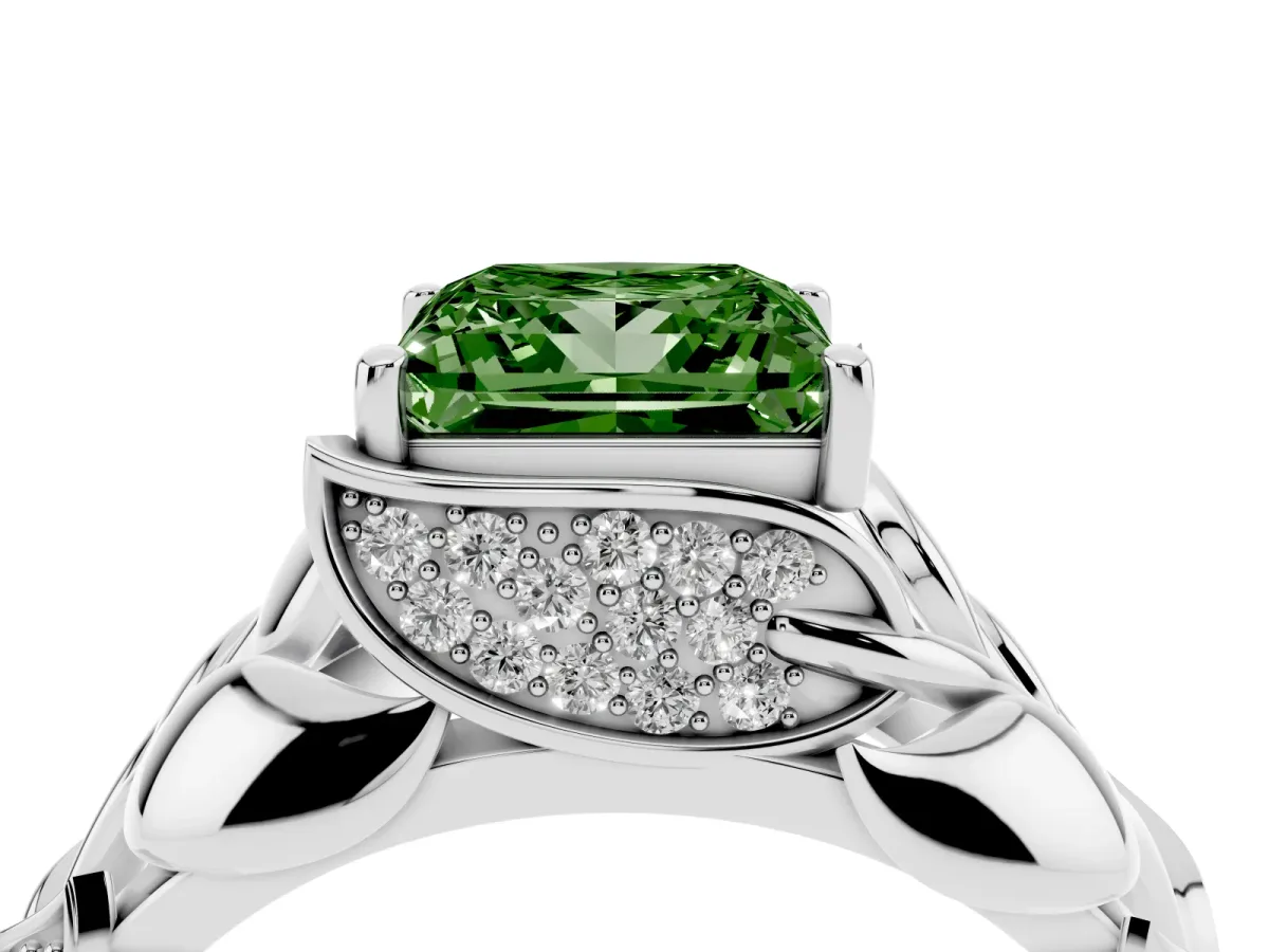 Fancy Green Princess Cut Diamond Leaf-Inspired Engagement Ring with Round Accents and Prong Setting White gold