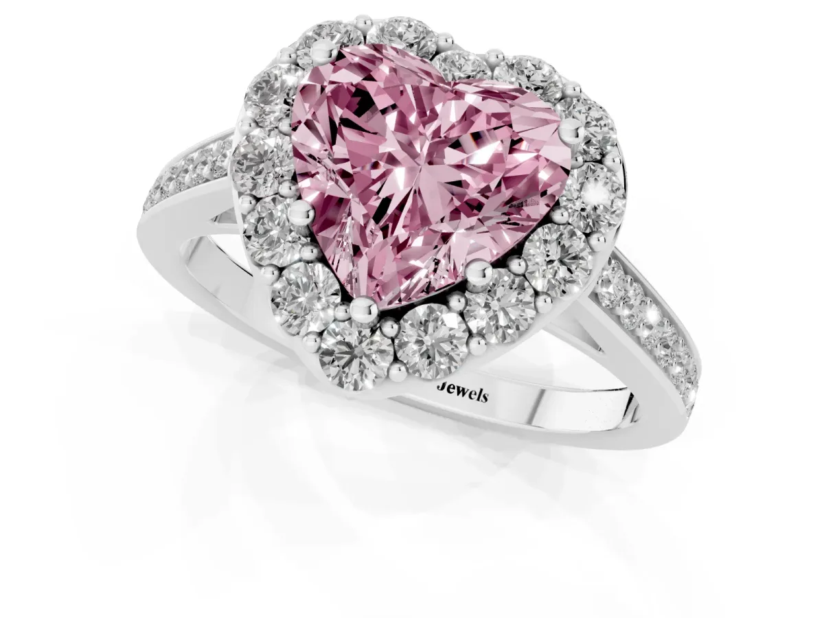 Fancy Pink Heart Cut Diamond Floral Halo Ring with Pavé Band and Prong Setting White gold
