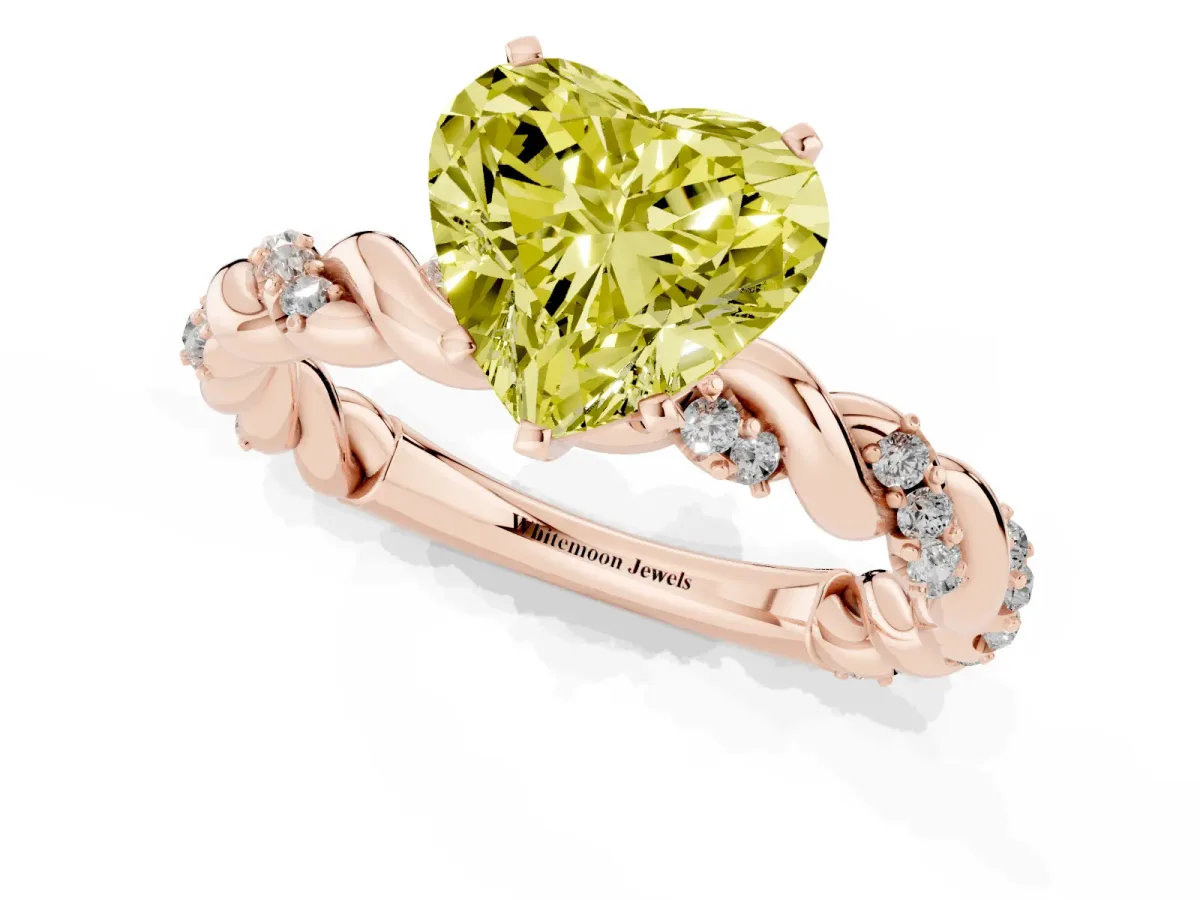 Fancy Yellow Heart Cut Diamond Solitaire Ring with Twisted Band and Pavé Accents Rose gold
