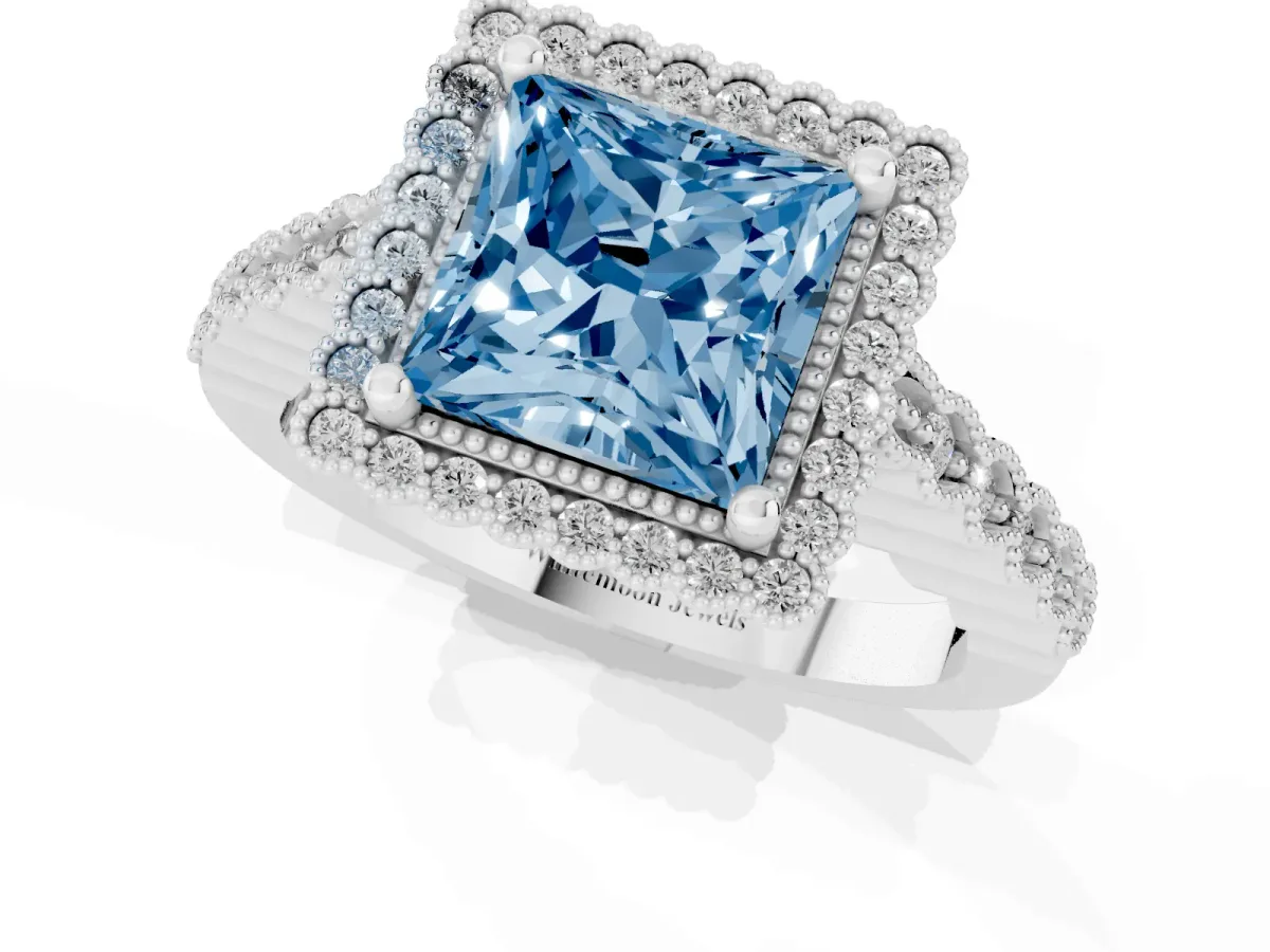 Fancy Blue Princess Cut Cut Halo Pavé Solitaire Ring with Milgrain Band White gold