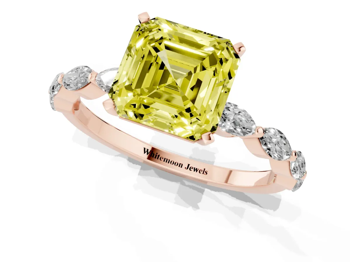 Fancy Yellow Asscher Cut Diamond Ring with Marquise Side Stones and Prong Setting Rose gold