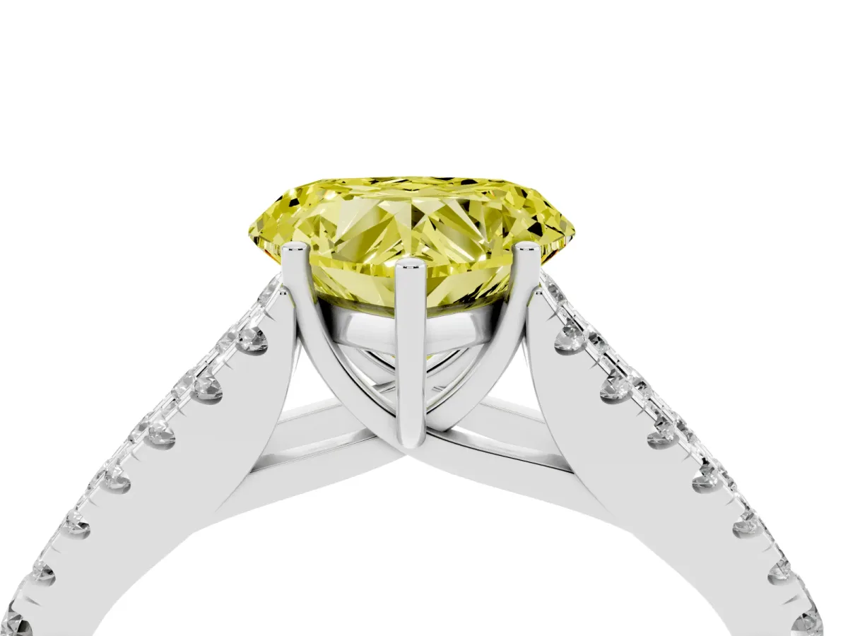 Fancy Yellow Heart Cut Diamond Split Shank Pavé Engagement Ring with Four-Prong Setting Platinum