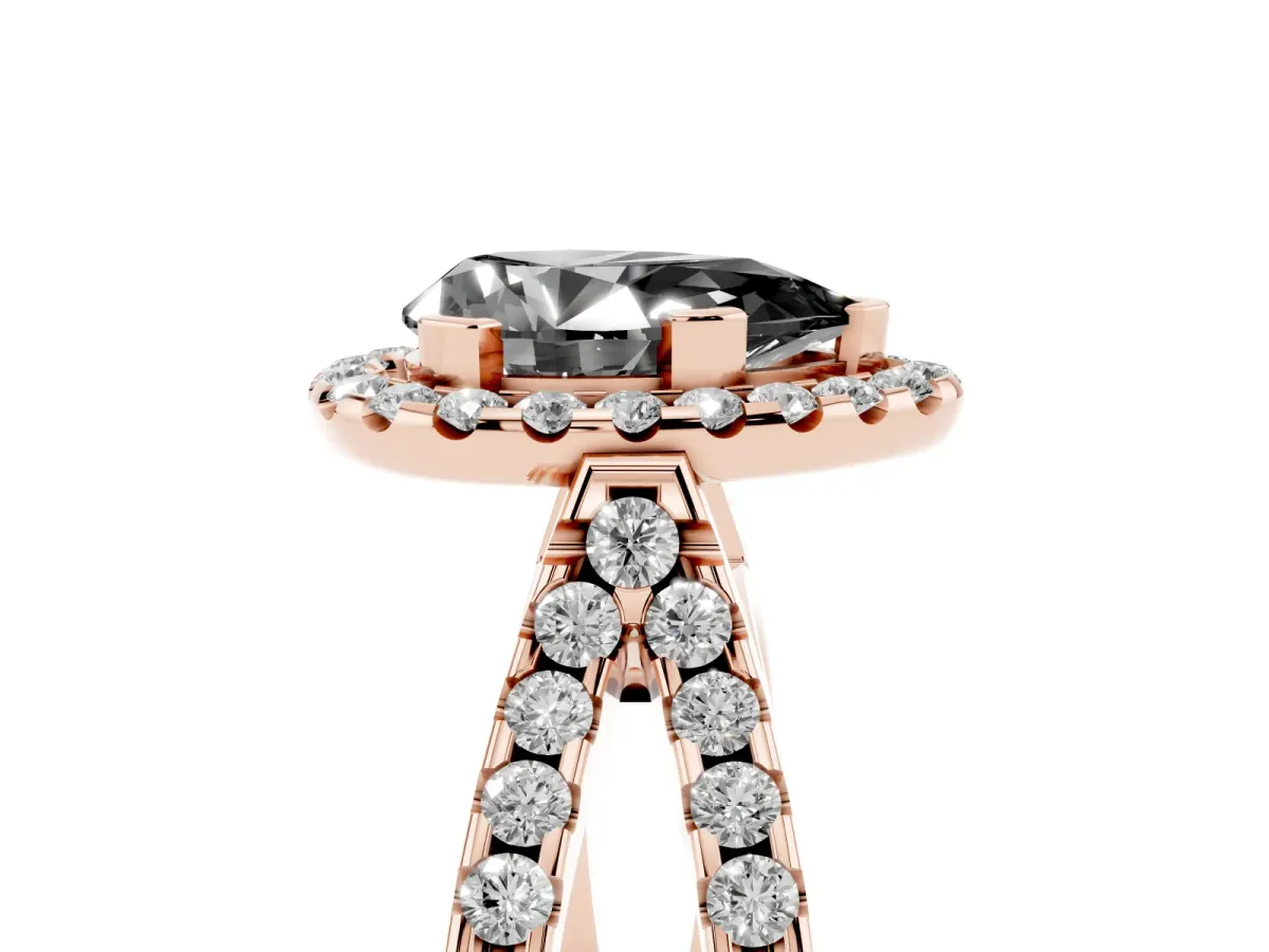 Fancy Black Pear Cut Diamond Halo Ring with Split Shank Pavé Band and Prong Setting Rose gold