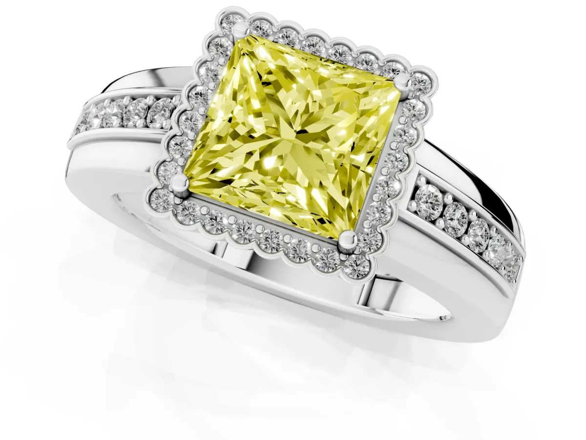 Fancy Yellow Princess Cut Cut Halo Pave Band Four-Prong Ring Silver