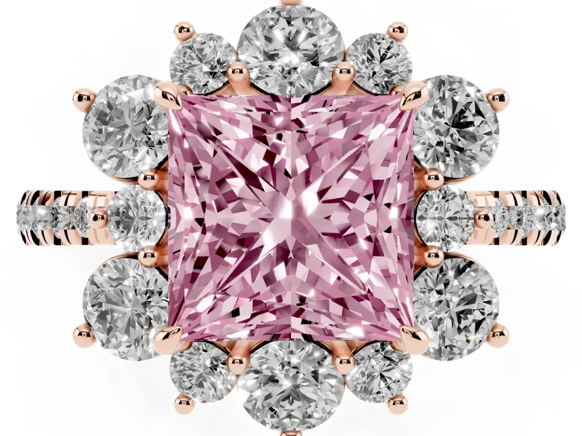 Fancy Pink Princess Cut Diamond Floral Halo Ring with Round Pavé Band and Prong Setting Rose gold
