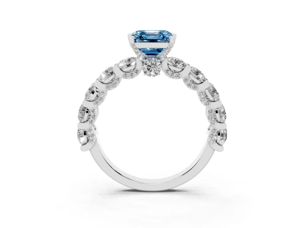 Fancy Blue Asscher Cut Diamond Side Stone Engagement Ring with Four-Prong Setting White gold