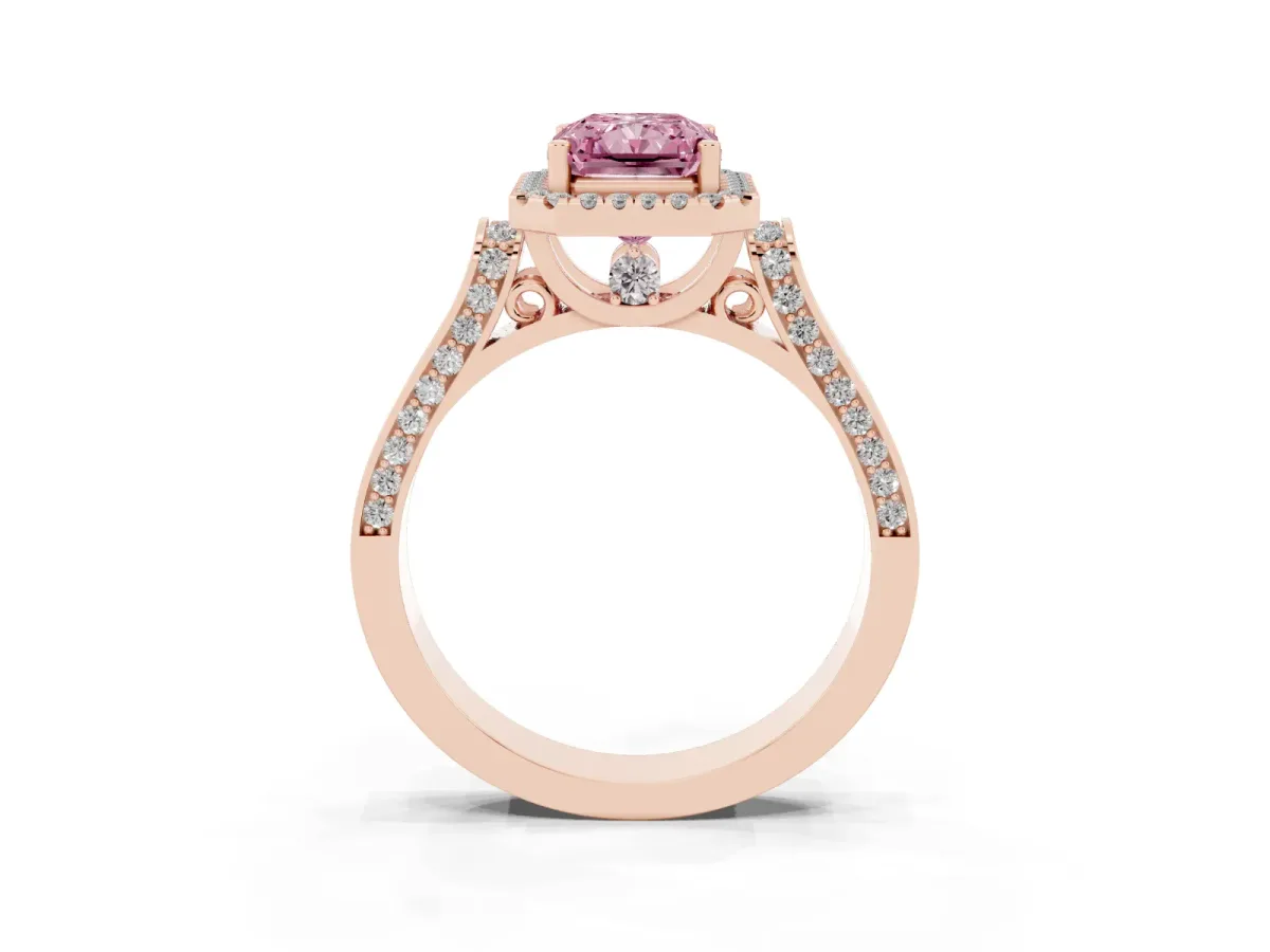 Fancy Pink Radiant Cut Halo Pave Split Shank Prong Setting Ring Rose gold