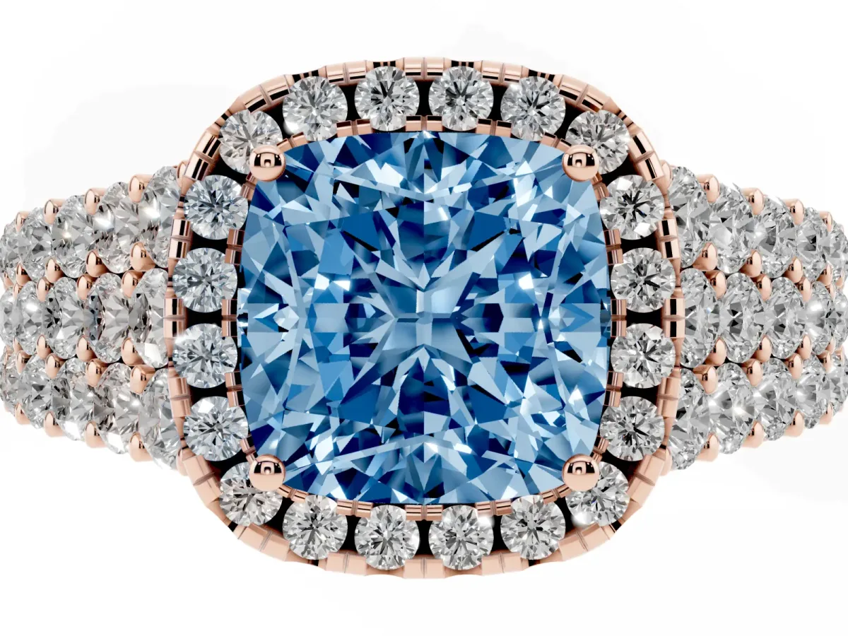 Fancy Blue Cushion Cut Diamond Halo Engagement Ring with Triple Row Round Pavé Band and Prong Setting Rose gold